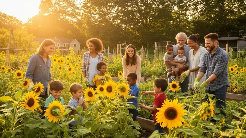 Community members gathering in a Westchester sunflower garden